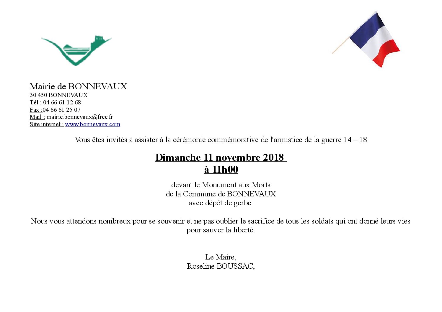 Cérémonie commémorative de l’Armistice 11 novembre 2018