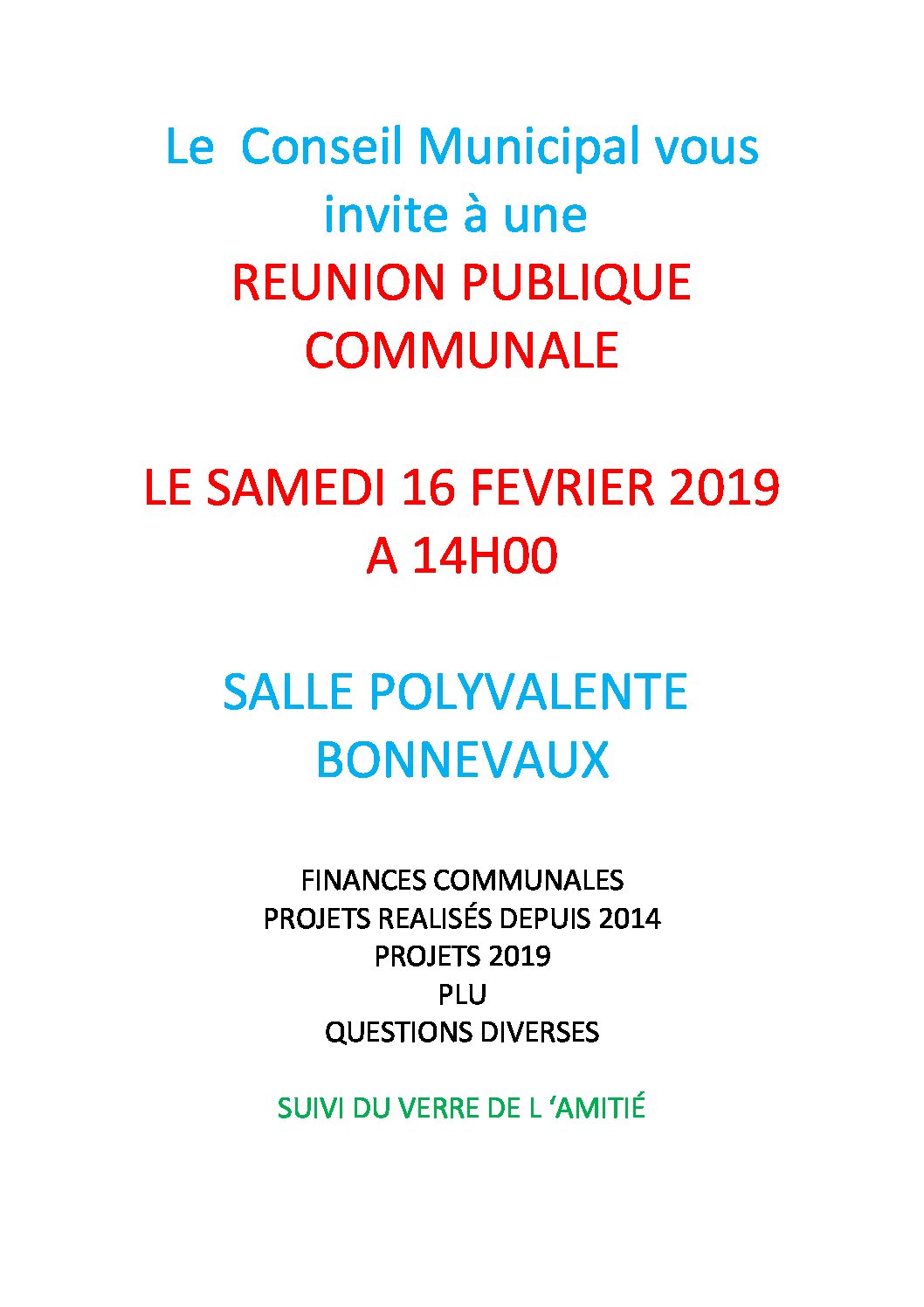 RÉUNION PUBLIQUE COMMUNALE – le samedi 16 février à 14h00